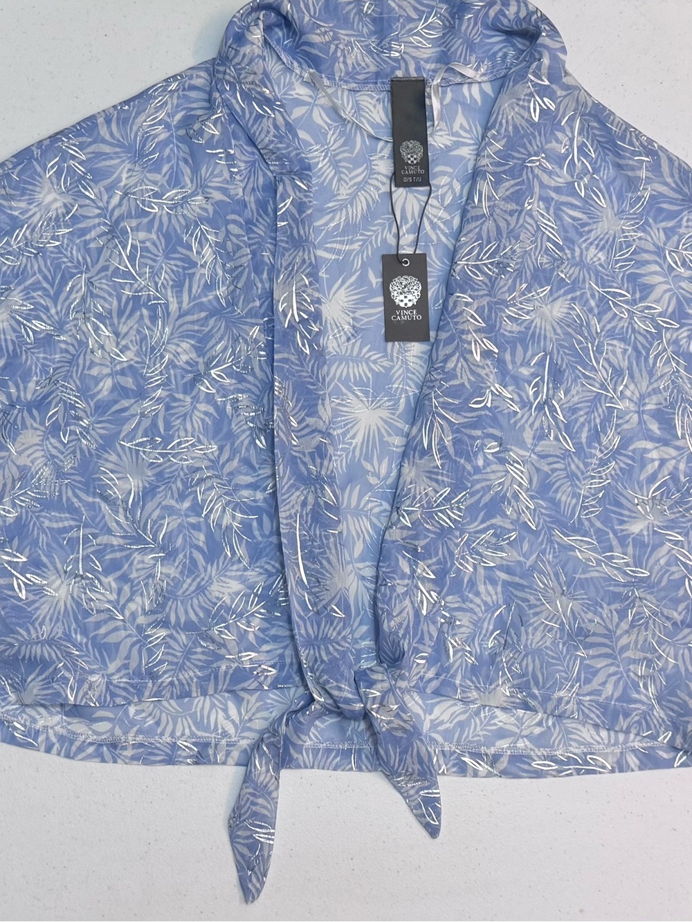Vince Camuto Light Blue Sheer Metallic Leaf Tie-Front Kimono